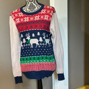 Well Worn Reindeer Sweater - Red, Blue, Green Size Small